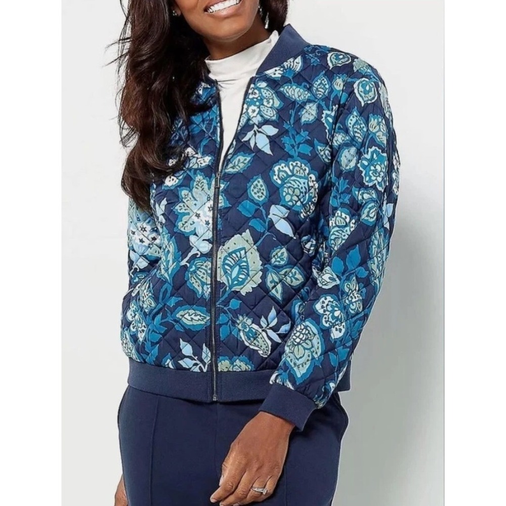 J Jason Wu Floral Quilted Bomber Jacket Blue Small Spring